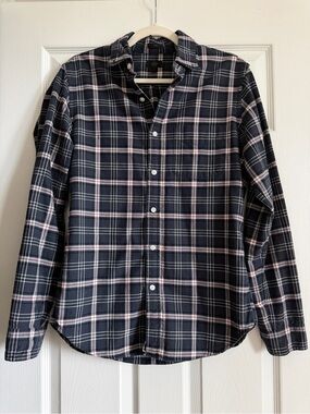 J. Crew Men's Black Plaid Button-Down Shirt with Pink Stripes